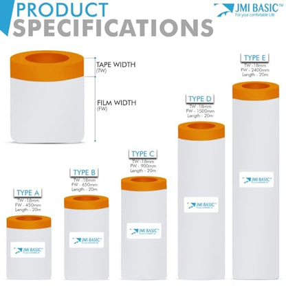 Pre-Taped Masking Film Sets - 1 Roll, Orange Tape and Drape Painters Plastic Sheeting for Painting, High Visibility Paint Plastic Covering Overspray Protection - 65 Feet (1, 78 Inch) - size: 78 Inch