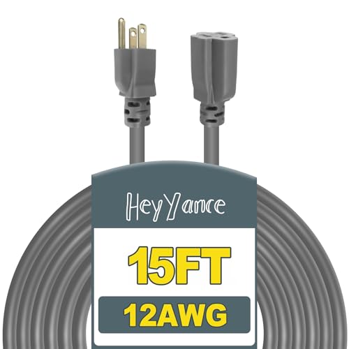 15 Ft Heavy Duty Outdoor Extension Cord Waterproof - 12/3 SJTW 15A 1875W Gray Extension Cable with 3 Prong Grounded Plug, Waterproof Electric Cable for Lawn, Garden, Appliances, UL Listed - color: Grey, size: 15 ft