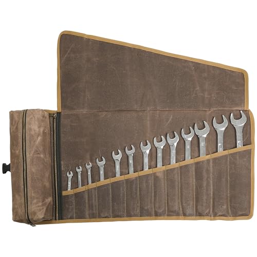Kaaltisy Canvas Wrench Roll, 16OZ Waxed Canvas Tool Roll (Grey), Tool Storage Organizer with Wrenc Slots & 1 Zipper Pocket & 1 Detachable Tool Pouch - for Mechanic Craftsman Contractor Repairman - color: Grey