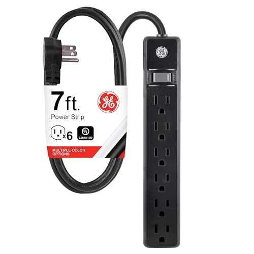 GE 6-Outlet Power Strip, 7 Ft Power Cord, Flat Plug, 3 Prong Outlet, UL Listed, Black - size: 7 Ft