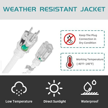 Extension Cord Weatherproof with Lighted End, UL Certified, 10 Gauge 3FT White 3 Prong Heavy Duty, 10/3 SJTW 15A Power Cord for Lights, Lawn - size: 3FT, style: 10/3