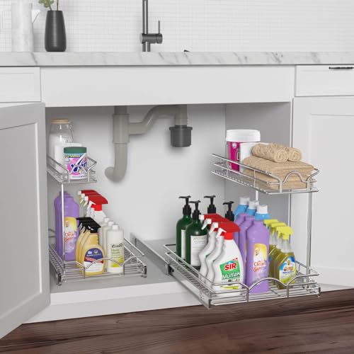 OCG Under Sink Cabinet Organizer Two Tier Pull Out Shelf (14.75W x 17D), Under Sink Sliding Shelf for Kitchen Bathroom Cabinet 2 Tier Chrome - size: 14.75W17D