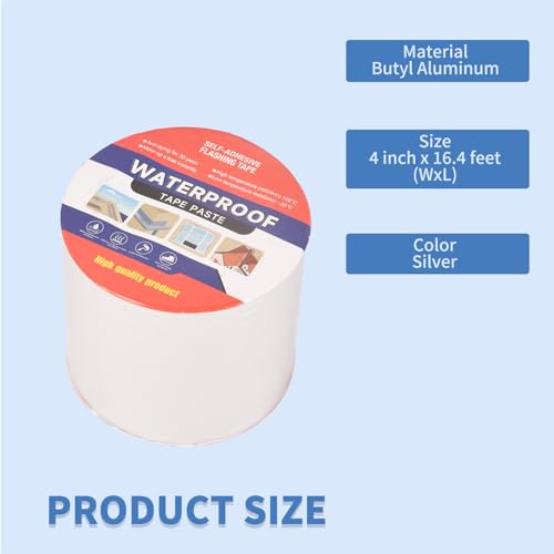 4" W X 16.4'L Waterproof Tape for Leaks Aluminum Butyl Tape with Adhesive for RV Repair, Glass Repairs, Air Mattress Patch, Window Caulking, Boat Sealing, Roof Patching - size: 4in x 16.4ft