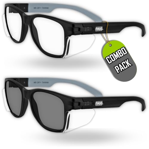 MAGID Y50 Safety Glasses for Construction | Black Frame — 2 Pair Combo - 1 Clear Lens, 1 Gray Lens | Side Shields, ANSI Z87.1+, Anti-Fog, Scratch-Resistant, 99.9% UV Protection, Polycarbonate Lens - color: Combo Lens | Clear & Gray, size: 2 Pairs