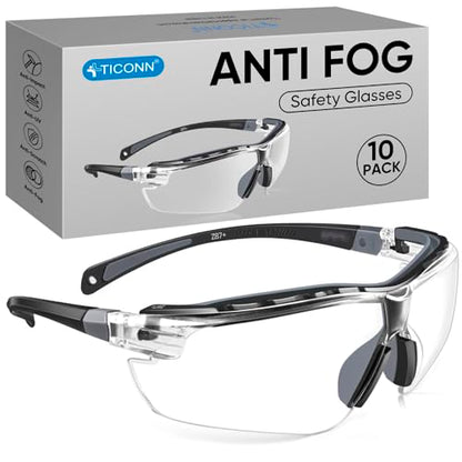 TICONN Anti-Fog Safety Glasses for Men and Women, ANSI Z87.1 Scratch Proof Eye Goggles with Adjustable Arms and UV Protection - style: 10 Pack/Clear