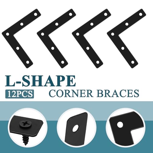 12 Pcs 3.15" x 0.62" L-Shape Corner Brace Brackets, 90°Angle Flat Mending Repair Plates Corner Brackets with Screws, Black - size: 3.15", style: L-Shape