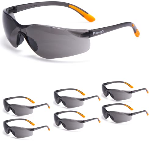 ProtectX Safety Glasses for Men & Women, Safety Sunglasses with Anti-Fog Scratch Resistant Lenses, Non-Slip Grips, ANSI Z87.1 - color: Olympus Tinted Smoke 6 Pk