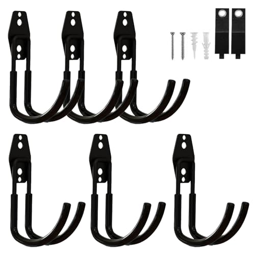 Garage Hooks Heavy Duty, 6 Pack Large Round Steel Garage Storage Hooks with Anti-Slip Coating, Multi-Purpose Ladder Hooks for Hanging Garden Tools, Hoses, Bikes and Folding Chairs (Black) - color: Black, size: 6pack-Large Round