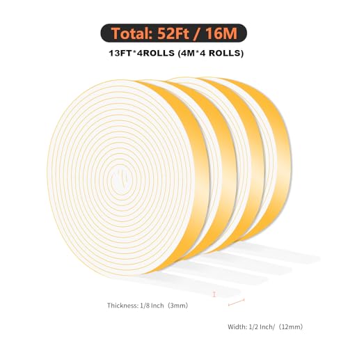 Weather Stripping Door Seal,Door Insulation Strip,Soundproof,Cold Insulation,High Density CR Foam Insulation Tape for Door, Front Door Frame, Windows(White,1/2 in x 1/8 in x 52 Ft) - size: 1/2 In x 1/8 In x 52 Ft