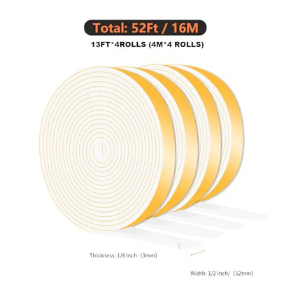 Weather Stripping Door Seal,Door Insulation Strip,Soundproof,Cold Insulation,High Density CR Foam Insulation Tape for Door, Front Door Frame, Windows(White,1/2 in x 1/8 in x 52 Ft) - size: 1/2 In x 1/8 In x 52 Ft