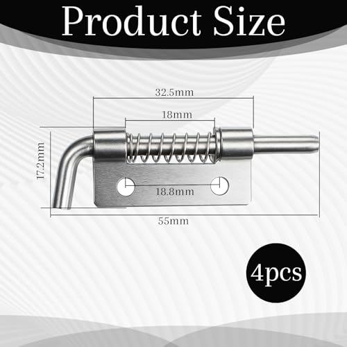 4 Pcs Stainless Steel Flat Pin Hinge Spring Latch, Heavy Duty Sliding Door Lock, Spring Loaded Latch Pin, Movable Spring-Bolt Hinge, Barrel Bolt Latches for Door, Cabinets, Trailer, Chests