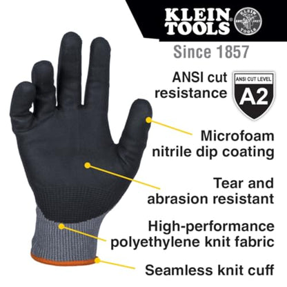 KLEIN TOOLS 60583 Work Gloves, Knit Dipped Cut Resistant ANSI A2 Nitrile Coated Gloves, HPPE Fabric, Touchscreen Capable, Small, 2-Pair - size: Small