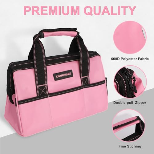 COMOWARE 13-Inch Tool Bag, Pink Soft Storage Bags with Inside Pockets, Wide Mouth Pink Tool Tote Bag - color: Pink