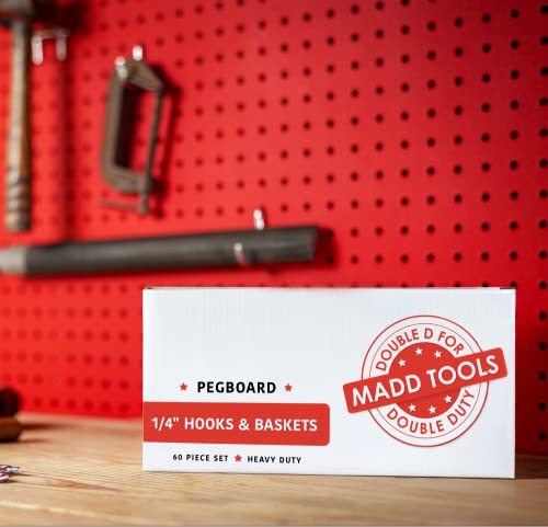 Extra Thick 60pcs Pegboard Accessories Organizer Kit | 1/4 Inch Peg Board Attachments | Peg Board Hook Set and Pegboard Basket Set for Tools - Heavy Duty - Does Not Fall Out Off The Board