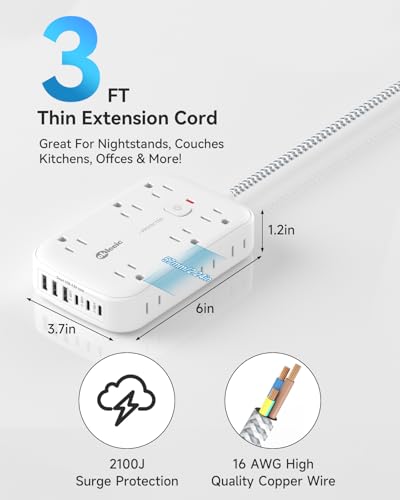 Flat Multi Plug Extender with 6 USB Wall Charger(3 USB C), 12 AC Outlets Wall Adapter, 3 ft Thin Extension Cord, Flat Plug Surge Protector Power Strip (2100J) for Home, Office, College Dorm. White - size: 3 FT, style: 12AC+3U3C