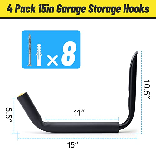 GEEDAR Heavy Duty Garage Storage Hooks (120 LB Capacity), 4packs, 15" Enforced Kayak Storage Hanger Wall Mounted Rack for Hanging Ladders, Bikes - size: 15"-120 Lb Capacity