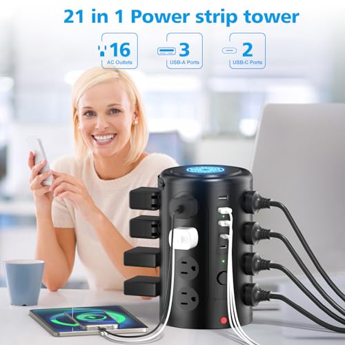 Surge Protector Power Strip - Desk Charging Station with 15W Wireless Charger, Multiple Outlets Charging Station with 16 2300J AC Outlets & 5 USB (2 USB C) Port, for Home, Office, Dorm Room - size: 6ft With Wireless Charger