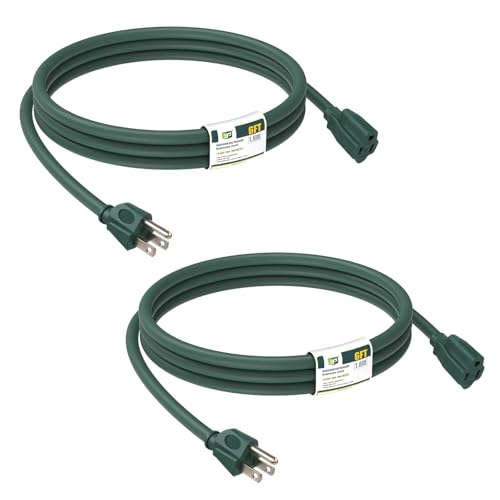 EP 2 Pack 6FT Green Outdoor Extension Cord, 16/3 SJTW Heavy Duty Waterproof, 3 Prong Grounded Plug, 13A 1625W 16AWG, Cold-Resistant Flexible Power Cable for Garden, Home, Christmas Lights - color: Green, size: 6ft-2PK