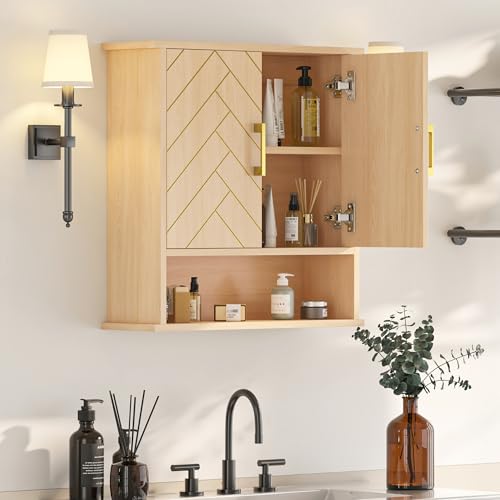 Natural Chevron Pattern Bathroom Wall Mount Cabinet, Gold Accent Hanging Medicine Cabinet with Open Shelf, Over The Toilet Storage Organizer for Home (23 5/8" x 22 7/8" x 7 1/8") - style: Chevron Pattern-Natural