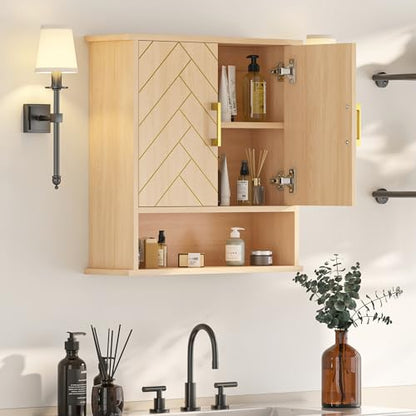 Natural Chevron Pattern Bathroom Wall Mount Cabinet, Gold Accent Hanging Medicine Cabinet with Open Shelf, Over The Toilet Storage Organizer for Home (23 5/8" x 22 7/8" x 7 1/8") - style: Chevron Pattern-Natural