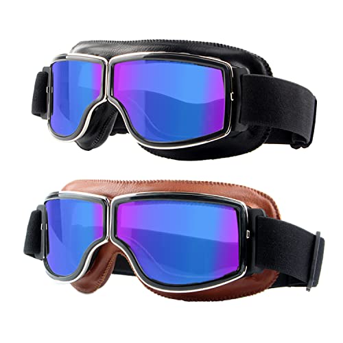 LJDJ Motorcycle Goggles,2 Pack Vintage Anti Fog Pilot PU Leather Glasses Dustproof ATV Off Road Motorbike Helmet Eyewear Protect for Ridding Motorcross Classes Aviator Goggles for Men Women Adult - color: Black+brown/Colorful Lens