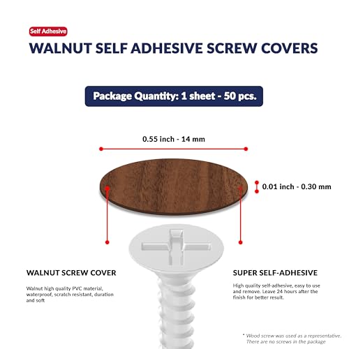 Walnut Self-Adhesive Screw Hole Stickers - 50 pcs. 0.55 inch / 14 mm Peel Stick Dust Proof Tape, Water Resistance PVC Caps for Wood Cabinets, Furniture, Drawer, Wardrobe, Kitchen, Table - color: Walnut, size: 0.55 inch - 14 mm