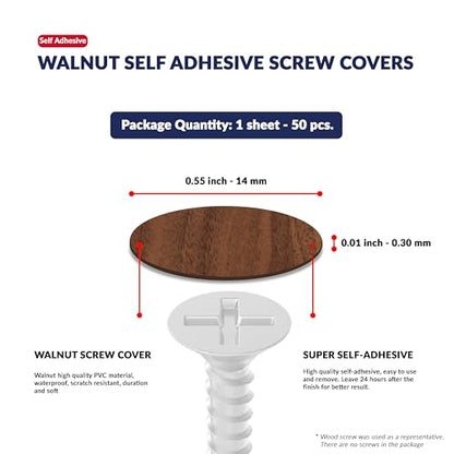 Walnut Self-Adhesive Screw Hole Stickers - 50 pcs. 0.55 inch / 14 mm Peel Stick Dust Proof Tape, Water Resistance PVC Caps for Wood Cabinets, Furniture, Drawer, Wardrobe, Kitchen, Table - color: Walnut, size: 0.55 inch - 14 mm