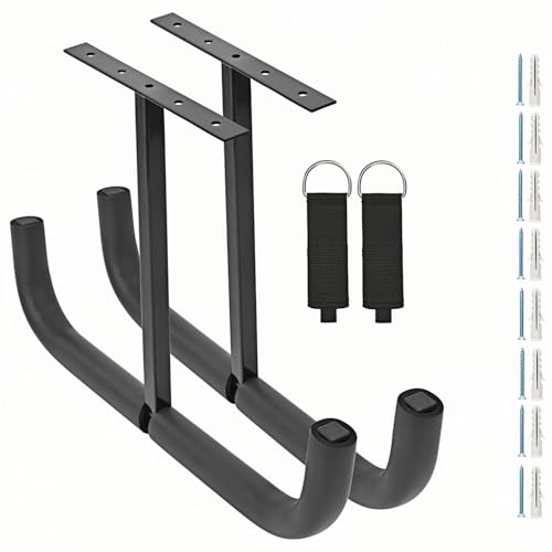 Overhead Garage Storage Hooks, Heavy Duty Double Ceiling Rack for Lumber Ladder Bikes Tires & Other Bulky Items (2)