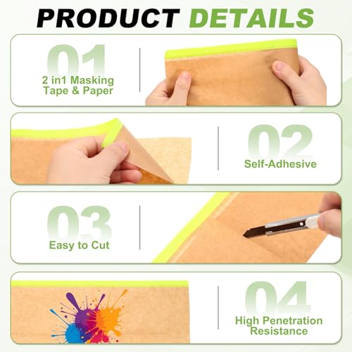 HARFINGTON Pre-Taped Masking Paper, 6" x 49 ft Paint Adhesive Protective Paper Painter Tape and Drape for Masking Auto Body Covering Wall Skirting Frames, Green - color: Green, size: 6 IN x 49 FT