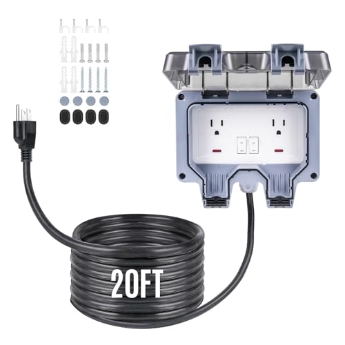 Outdoor Power Outlet 15A 110V with 10/20/33ft Extension Cord IP66 Waterproof, IK08 & UL1363-2018 Certified Outdoor Outlet Extender for Garden Garage Patio (20FT) - color: White, size: 20FT