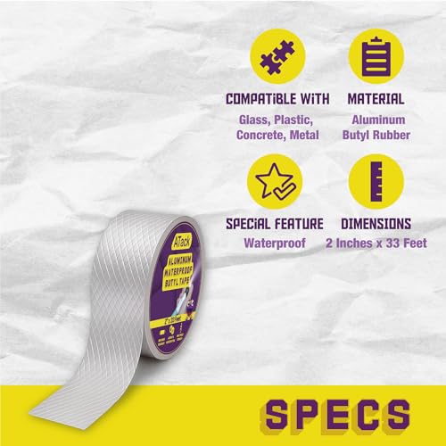 ATack Aluminum Butyl Tape Waterproof Sealing Tape 2 Inch x 33 Feet Roof Sealant for Roof and Gutter Patch, RV Repair, Metal Flashing, HVAC, Window, Pipe Sealing – Super Waterproof Thick Butyl Rubber - size: 2 Inches x 33 Feet