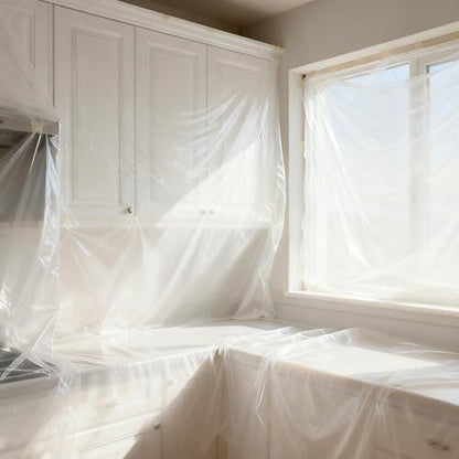 4 Rolls 8.9 x 65.6 Feet Pre-Taped Masking Film, Tape and Drape Drop Cloth, Plastic Sheeting Drop Cloth for Painting, Automotive Covering and Appliance Protection (8.9 x 65.6 Feet) - size: 8.9 x 65.6 Feet