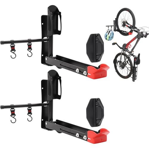 Bike Wall Mount Rack Adjustable & Foldable Garage Bike Rack with Swivel Design & 2 Storage Hooks, Fits 20"-29" Bikes, Holds Up to 77 lbs, Easy Install & Space-Saving Bike Storage 2 Pack - style: Type A：2 Pack