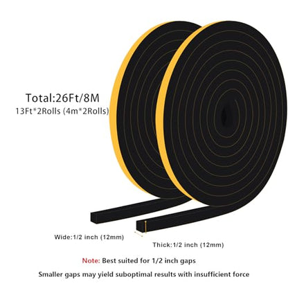 Window Insulation Weather Stripping, High Density Insulation Tape for Door, Soundproof Weatherproof Door Weather Stripping, Adhesive Foam Gasket Tape, Anti-Vibration(1/2 in x 1/2 in x 26Ft) - size: 1/2 In x 1/2 In x 26Ft