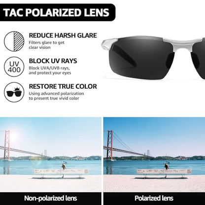 TJUTR Mens Photochromic Sunglasses Day & Night Driving Z87 Sun Glasses Polarized UV400 Protection Safety Glasses - color: C Silver Frame/Grey Polarized Lens
