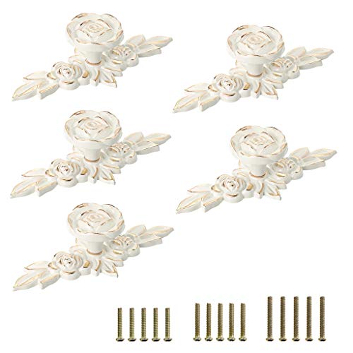 JUXYES Pack of 5 Euro Rose Decorative Cabinet Knobs with Plate, Floral Ivory Drawer Knob Cupboard Door Knobs, Ivory White Drawer Pulls Cabinet Handle Knobs for Dresser Cabinet (S, Ivory with Golden) - color: Ivory with Golden, size: Small