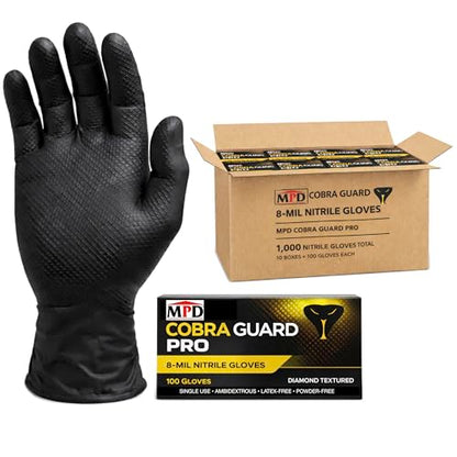 MPD Cobra Guard PRO Black 8-Mil Nitrile Gloves, Diamond Textured Torque Grip. - size: Medium, style: Cases of 10x100