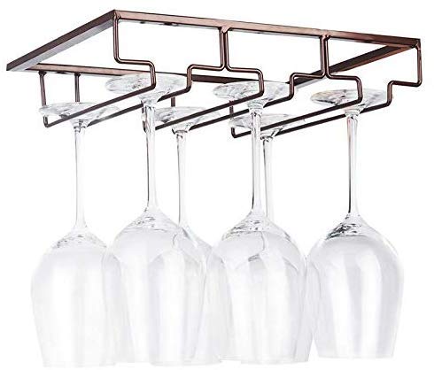FOMANSH Wine Glass Rack - Under Cabinet Stemware Wine Glass Holder Glasses Storage Hanger Metal Organizer for Bar Kitchen Brown - color: Brown, size: 3 Rows 1 Pack