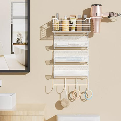 VITVITI Metal Hair Tool Organizer Wall Mount, Hair Dryer Holder with 4 Tier Shelf Basket Hooks, Bathroom Hairs Styling Tool Organizer for Curling Iron/Blow Dryer/Straightener, White - color: 5 Tiers White