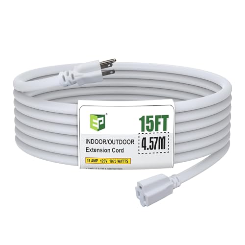 EP 12/3 15 FT Indoor Outdoor White Extension Cord Waterproof, 12 Gauge 3 Prong Power Cord Flexible Resistant Appliance Extension Cable Electric Cable Outside, 15A 1875W 12AWG SJTW, ETL Listed - color: White, size: 15ft