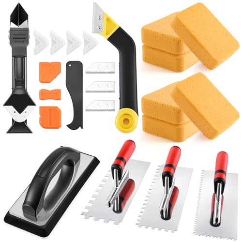 23 Pcs Tile & Grout Tool Sets, Silicone Caulking Remover Tools Stainless Steel Notch Trowel Molded Rubber Grout Float 6 Sponge Angled Tile Saw with 3 Blades for Floor Wall Installation