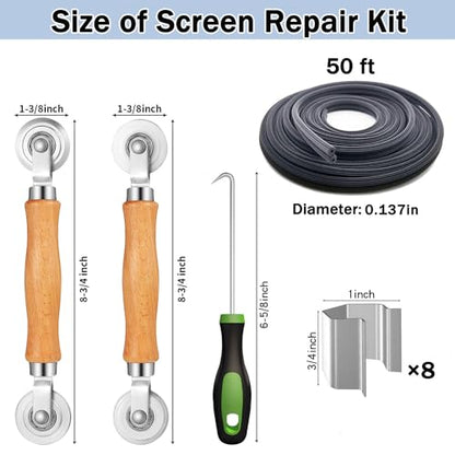 King&Charles Window Screen Door Repair/Replacement Kit, Include Black Screen Mesh 48"x118"+ 2 Roller+50Ft Spline+8Clips+Hook, 6 in 1 Window Mesh Kit, Steel/Nylon Bearing Roller - color: Black, size: 48"×118" Kit
