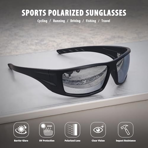 Polarized Sports Sunglasses for Men Women Unbreakable Frame Cycling Fishing Wrap Around Sunglasses UV400 Protection - color: 1-black Frame/Silver Mirror Lens