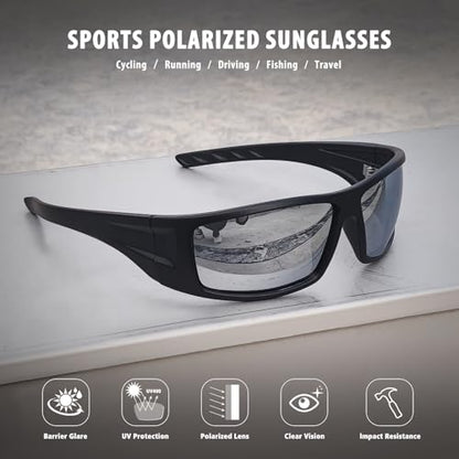 Polarized Sports Sunglasses for Men Women Unbreakable Frame Cycling Fishing Wrap Around Sunglasses UV400 Protection - color: 1-black Frame/Silver Mirror Lens
