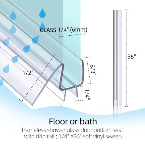 POZIA Shower Door Bottom Seal Frameless Glass Shower Door Seal Strip Clear Vinyl Durable Stop Shower Leaks and Create a Water Barrier Ultra Clear (2PACK-1/4in) - style: 2PACK-1/4in