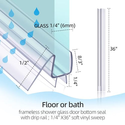 POZIA Shower Door Bottom Seal Frameless Glass Shower Door Seal Strip Clear Vinyl Durable Stop Shower Leaks and Create a Water Barrier Ultra Clear (2PACK-1/4in) - style: 2PACK-1/4in