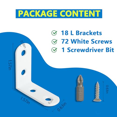 18Pcs White L Bracket & 72 Pcs Screws, 1.57x1.57 Inch Corner Brace, Small Right Angle Bracket, Shelf Bracket, Corner Fastener for Wood Furniture Bedframe Cabinet Drawer Chair