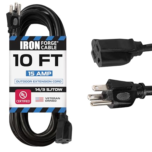 Iron Forge Cable 14 Gauge Outdoor Extension Cord 10 Ft, SJTOW 14/3 Heavy Duty Black Extension Cord 3 Prong, Oil Resistant & Flame Retardant - size: 10 Foot