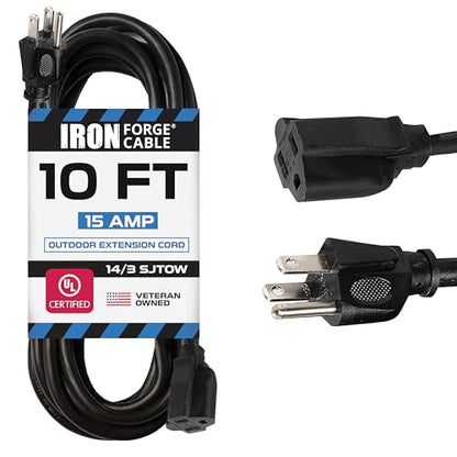 Iron Forge Cable 14 Gauge Outdoor Extension Cord 10 Ft, SJTOW 14/3 Heavy Duty Black Extension Cord 3 Prong, Oil Resistant & Flame Retardant - size: 10 Foot