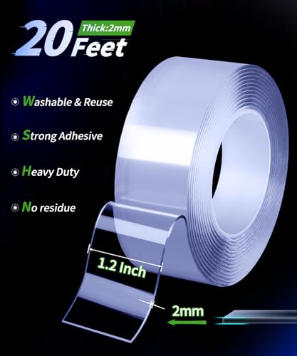 PHIXBEAR Large Double Sided Tape Heavy Duty, Mounting Tape Strong Adhesive, Wall Tape for Hanging Clear Removable No Damage, Fits Decor & Poster, 20Ft 1.2" Wide